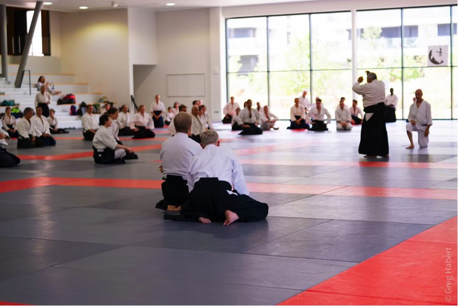 Vue large du tatami pendant la pratique des 50 ans