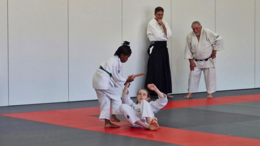 Les jeunes élèves travaillent par deux sur le tatami