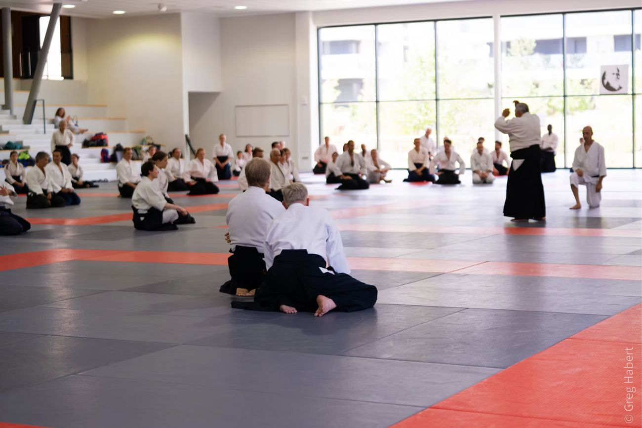 Le dojo pendant un stage : les pratiquants assis en seiza autour du tatami suivent la démonstration de l'enseignant