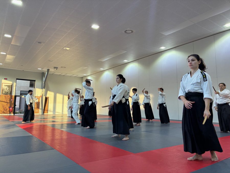 Cours au dojo : enfants, adolescents et adultes alignés sur le tatami, travaillant le sabre de bois